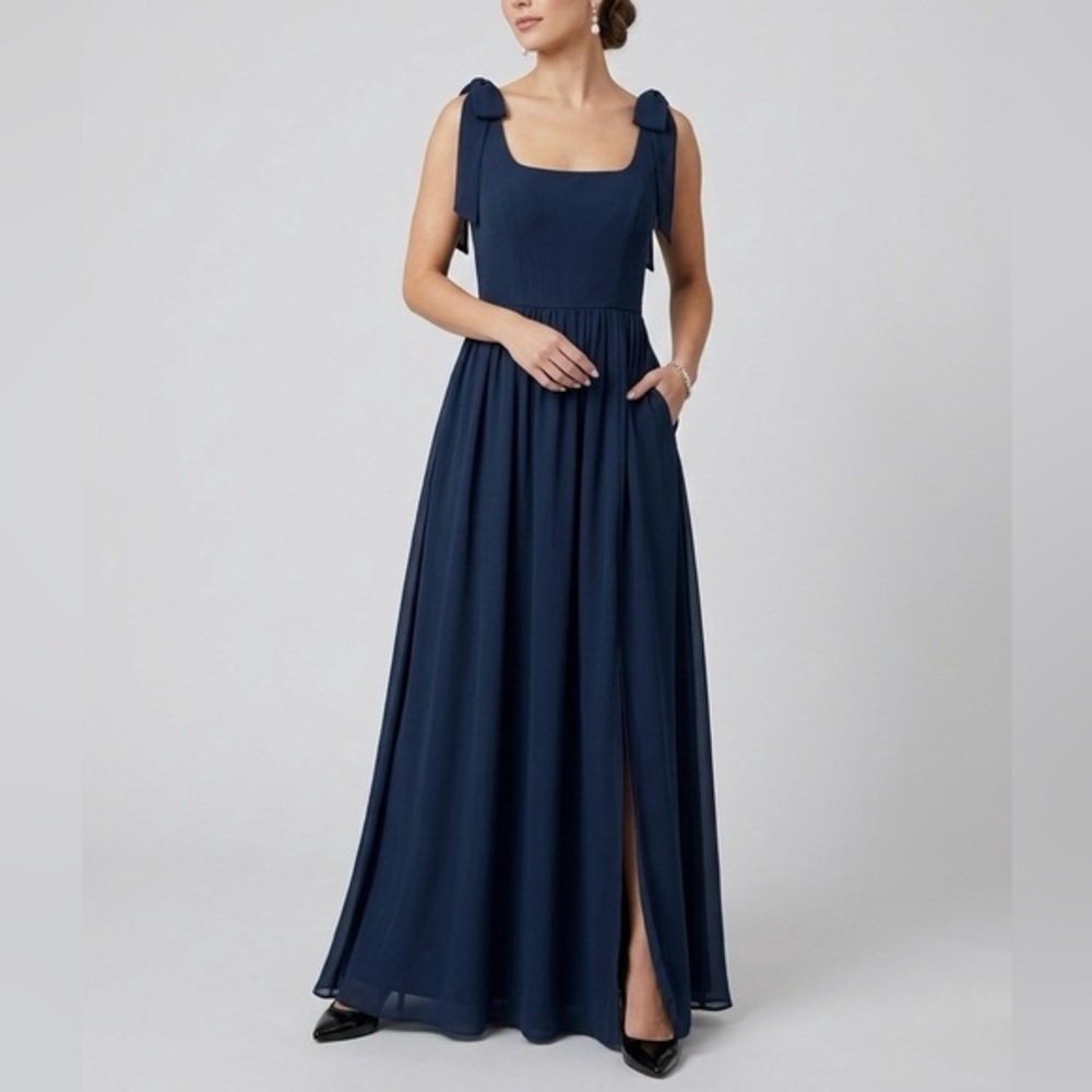 REVELRY‎ Bowie Chiffon Gown Navy Blue Petite NWT